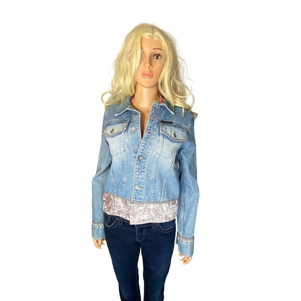 Vintage 90s DKNY Denim Jeans Jacket w/ Silver Pink Velvet Trim Medium - Picture 3 of 16